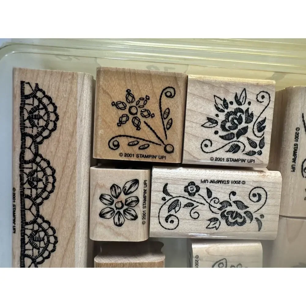 Stampin Up! 2001 Elegant Embroidery Rubber stamp Wood Vintage LOT #DR